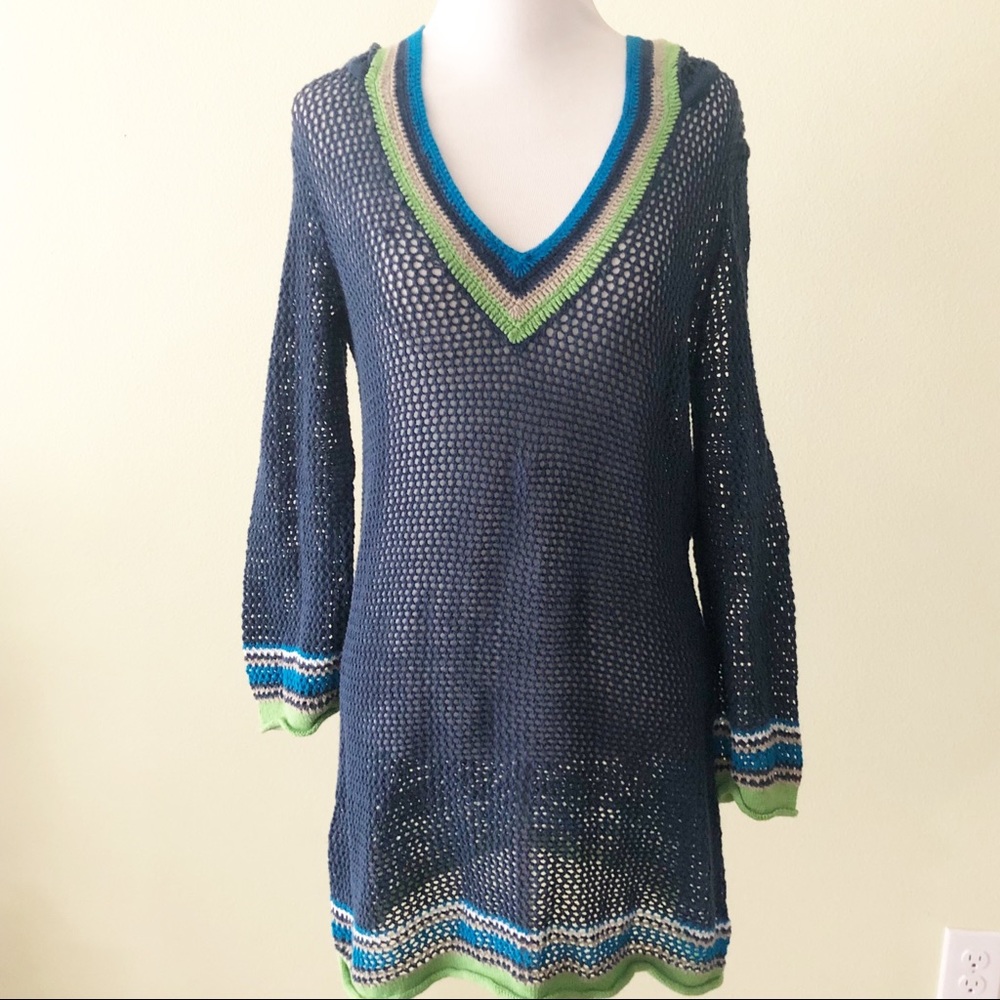 Tommy Bahama Navy Blue Open-Knit V-Neck Tunic with Green & Teal Trim